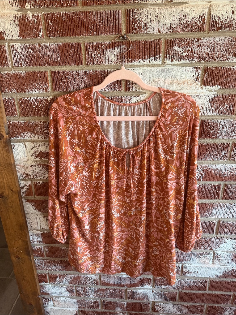 Garnet Hill XL Rust Floral TENCEL Peasant Blouse Tie Neck - Picture 4 of 4